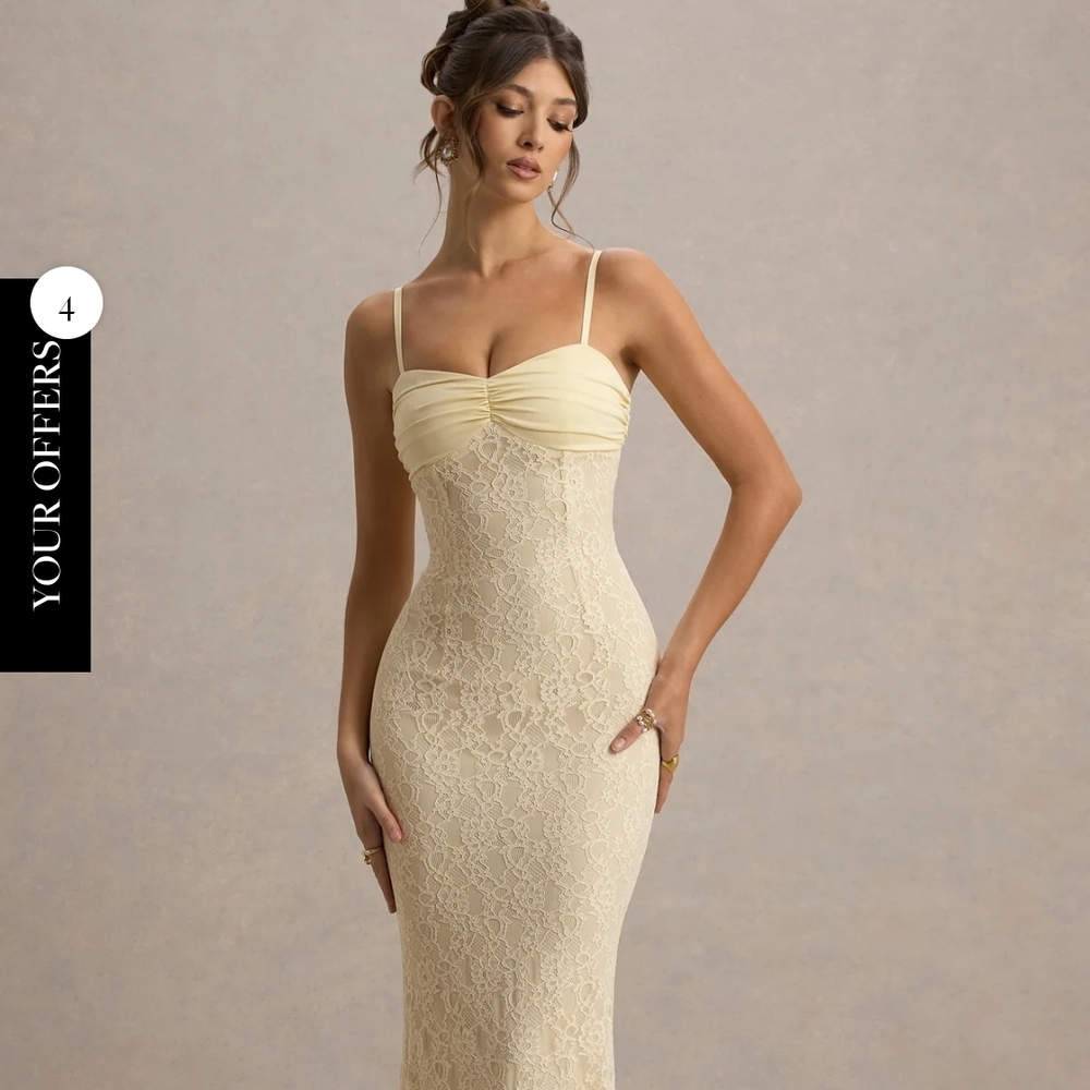 Club L London Felicia Pale Lemon Yellow Satin Sweetheart Lace Maxi Dress